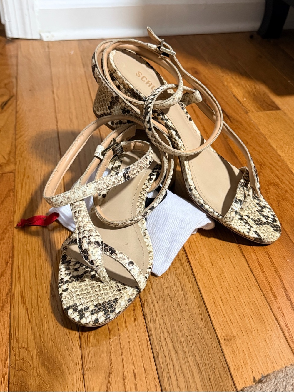 Schutz Cleo Snake-Print Strappy Block Heel Sandals - Size 10